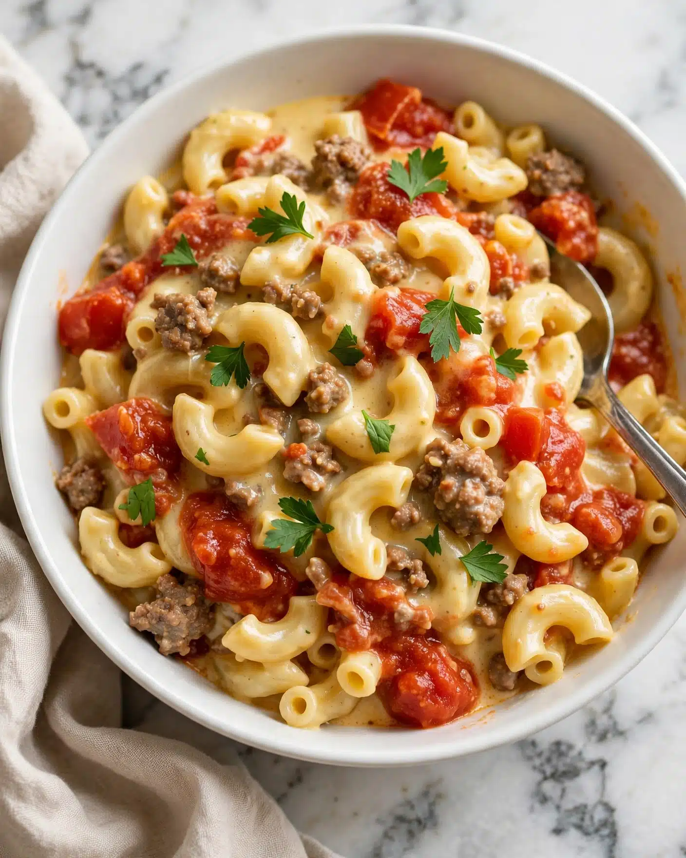 A close-up of a white bowl filled with macaroni pasta mixed with small pieces of cooked meat and tomato sauce. The pasta is creamy and light yellow, the meat is brown with a crumbly texture, and the tomato sauce adds bright red chunks and a slightly thick, saucy texture all around. Small green parsley leaves are scattered on top for color. A silver spoon is partially inside the bowl on the right side, with the handle resting on the edge. The bowl sits on a white marbled surface with a soft cloth nearby. Photo taken with an iphone --ar 4:5 --v 7