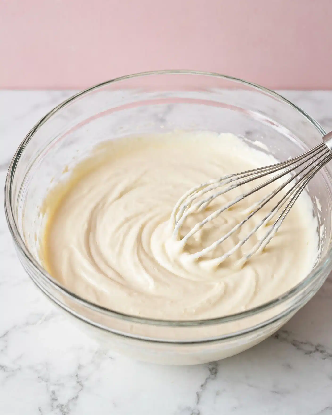 Simple No Bake Biscoff Icebox Cake Recipe 4 A clear glass mixing bowl filled with a thick, smooth pale cream mixture with light swirls on the surface. Inside the bowl rests a metal whisk attachment, partially covered by the creamy mixture. The bowl is placed on a soft pink background, but the surface beneath is changed to a white marbled texture. The scene is bright and clean, focusing on the creamy texture and the glass bowl's simple design. Photo taken with an iphone --ar 4:5 --v 7