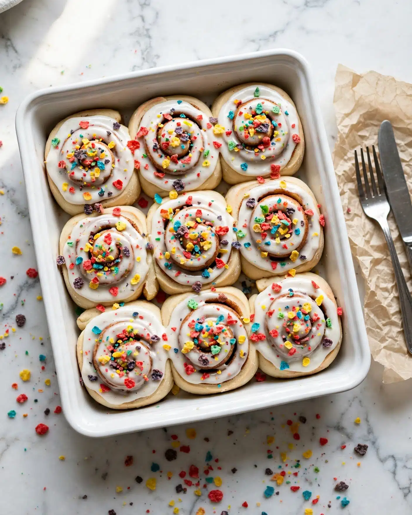 Cereal Milk Cinnamon Rolls Recipe 4 A white baking dish holds nine cinnamon rolls arranged in a 3x3 grid; each roll has a light tan dough base with a generous layer of white icing on top, spread evenly over the swirled surface. Bright, colorful crushed cereal pieces in red, yellow, green, purple, and blue are sprinkled on the icing, adding texture and vibrant specks of color. The dish is placed on a white marbled surface, with some cereal pieces scattered loosely nearby. A silver fork and knife lie to the right on crumpled beige parchment paper. photo taken with an iphone --ar 4:5 --v 7