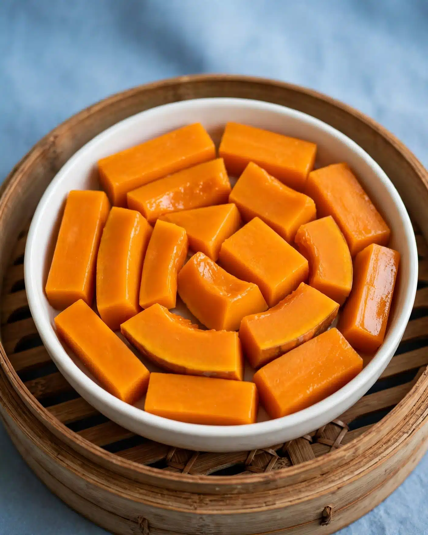 Round white bowl filled with bright orange pumpkin pieces arranged in one layer. The pumpkin pieces vary in shape, mostly rectangular and wedge-like, with smooth, shiny surfaces and some soft edges. The bowl is on a bamboo steamer with a soft blue background. photo taken with an iphone --ar 4:5 --v 7