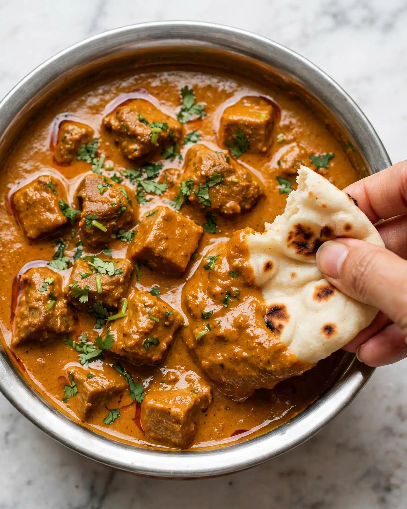 Indian Restaurant Style Butter Chicken Recipe 5 A close-up view of a rich orange-brown curry with a creamy texture, with chunks of tender meat and bits of green herbs scattered on top, sitting in a steel bowl. A piece of soft, slightly charred white flatbread is dipped into the thick curry, held by a woman's hand, showing the curry coating the bread. The background has a white marbled texture, and the curry looks warm and inviting with a shiny surface. photo taken with an iphone --ar 4:5 --v 7