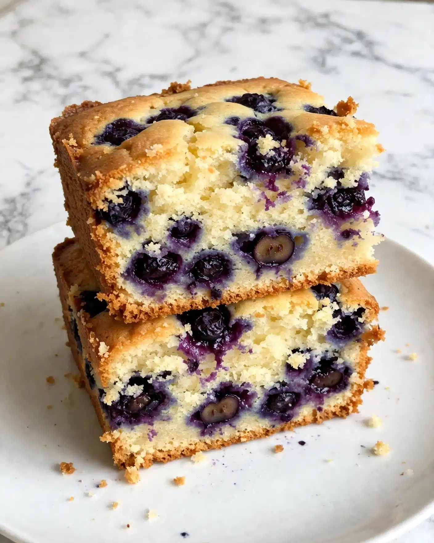 Two square pieces of blueberry cake are stacked on top of each other on a white plate, with a white marbled surface background. Each piece has a thick, light golden-brown crust on the sides and a soft, moist pale yellow interior with dark purple blueberries spread inside. The texture looks crumbly but soft, with some blueberries slightly broken, showing their juicy deep purple color blending with the batter. The layers visually show the contrast between the golden crust and the pale yellow cake with rich blueberry bits inside photo taken with an iphone --ar 4:5 --v 7
