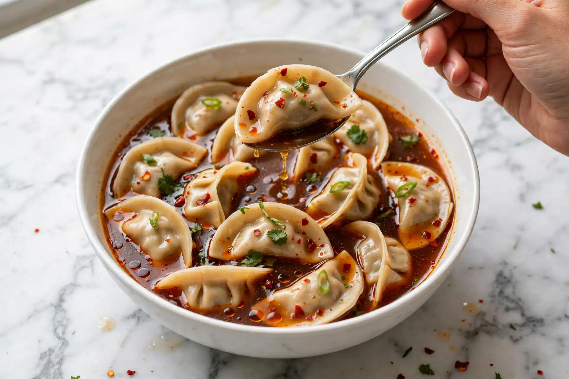 A white bowl filled with many crescent-shaped dumplings floating in a rich, reddish-brown broth with oil drops and specks of chili flakes. Some dumplings are garnished with small green herbs and thin slices of green onion. A spoon with a dumpling is held by a woman's hand over the bowl, lifting it slightly. The bowl is placed on a white marbled surface. photo taken with an iphone --ar 4:5 --v 7