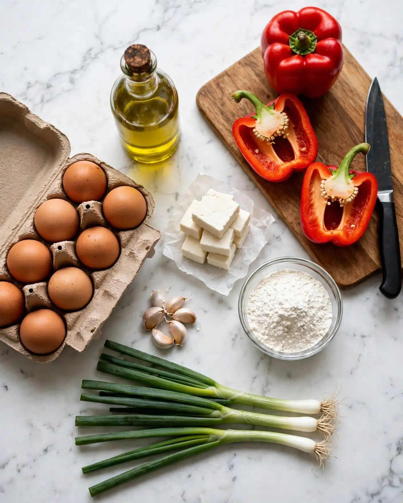 The image shows a white marbled surface with a carton of brown eggs on the left side, containing twelve eggs arranged in two rows of six. On the right side, there is a wooden cutting board with a black-handled knife and a whole red bell pepper at the top. Below the whole pepper, two halves of a red bell pepper show the white seeds and green stems. Near the center, there is a small stack of white cheese on a piece of white paper next to a small clear bowl filled with white flour. At the bottom, several green onions lay diagonally across the surface with their long green leaves and white bulbs. A small cluster of garlic cloves sits near the glass bottle of yellow olive oil, which is placed above the eggs and to the left of the whole red pepper. Photo taken with an iphone --ar 4:5 --v 7