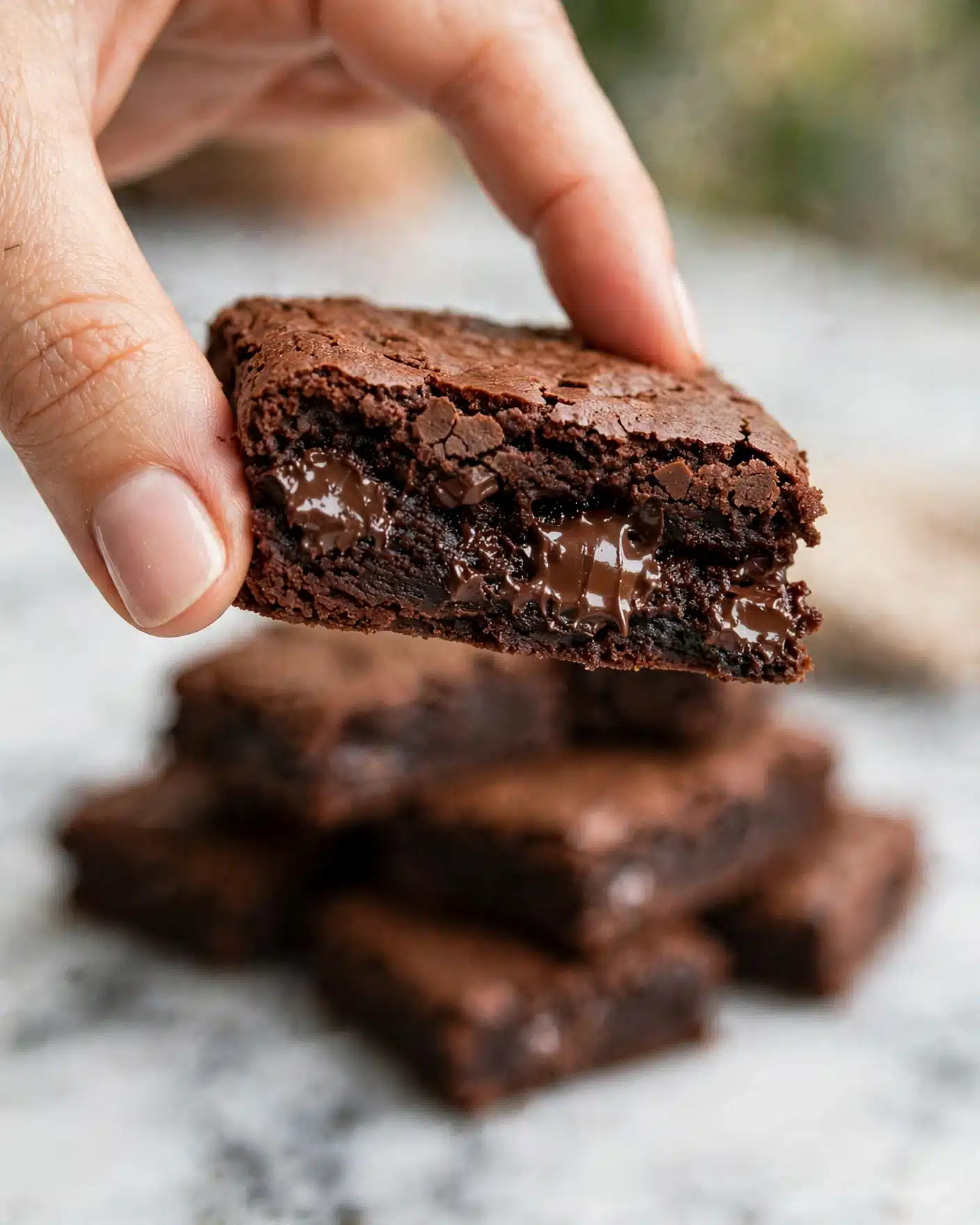 A close-up view of a thick, dark brown chocolate brownie with a slightly rough top layer, held delicately between a woman's thumb and finger. The inside shows a dense, moist texture with melted shiny chocolate chunks embedded within, giving a rich and soft look. The background is blurred but hints at more brownies stacked below, all set against a white marbled surface. photo taken with an iphone --ar 4:5 --v 7