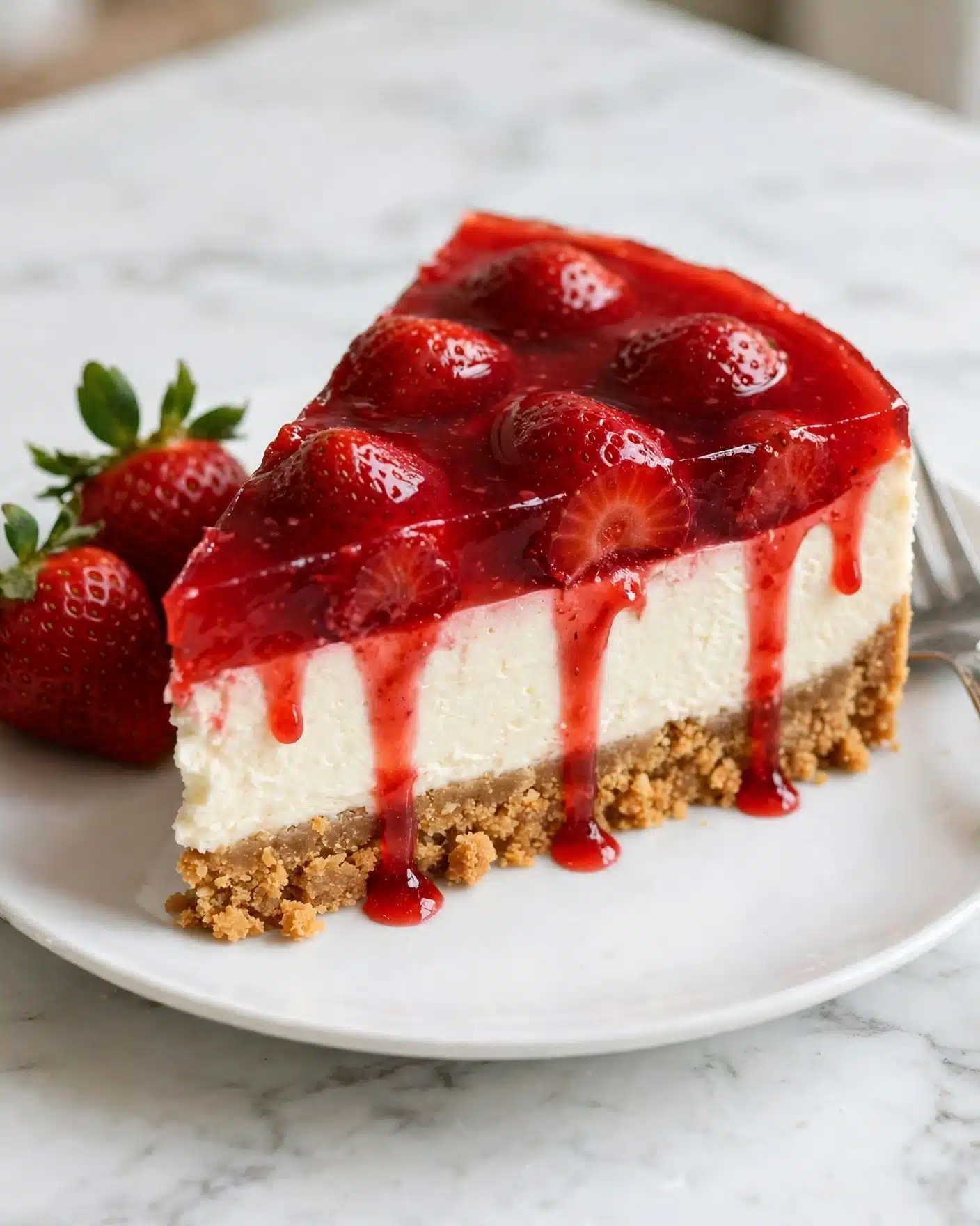 A strawberry cheesecake with three visible layers is shown on a white plate set on a white marbled surface. The bottom layer is a thick, crumbly golden-brown crust. Above it is a creamy, smooth, off-white cheesecake layer. The top layer is glossy red strawberry jelly with whole strawberries embedded inside, some juicy red syrup dripping down the sides. There are two fresh strawberries with green leaves on the plate next to the cheesecake and a fork is partially visible on the right side. The photo taken with an iphone --ar 4:5 --v 7