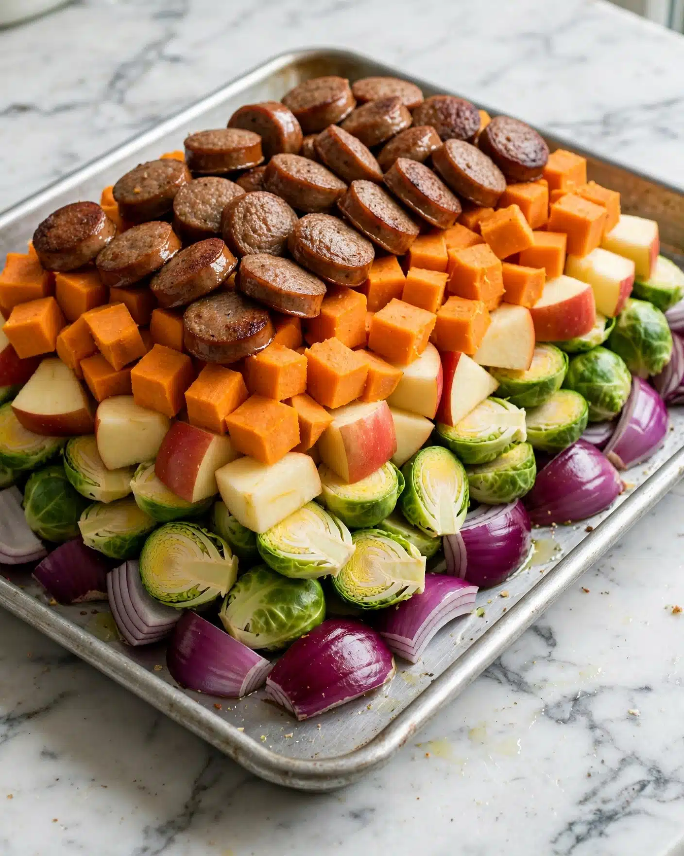 Autumn Sausage Veggie and Apple Sheet Pan Dinner Recipe 4 A metal baking tray is loaded with five neat layers of ingredients, starting at the top with a row of round, brown sausage slices. Below the sausage, there is a dense layer of bright orange sweet potato cubes with a rough texture. The middle layer has light yellow and red apple chunks with smooth skin. Next, there is a thick layer of halved Brussels sprouts that are bright green with some white inner sections visible. The bottom layer consists of quartered purple-red onion pieces with a shiny surface. The tray is placed on a white marbled surface. photo taken with an iphone --ar 4:5 --v 7