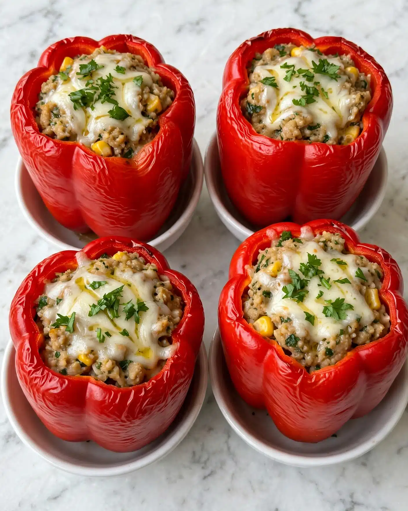 Four red bell peppers are hollowed out and stuffed with a mix of light brown filling with bits of yellow corn and green herbs, topped with melted white cheese with a slight drizzle and garnished with chopped green herbs. Each pepper stands upright in a white bowl, showing the shiny red skin of the peppers with slight wrinkles. The background surface is white marble. photo taken with an iphone --ar 4:5 --v 7