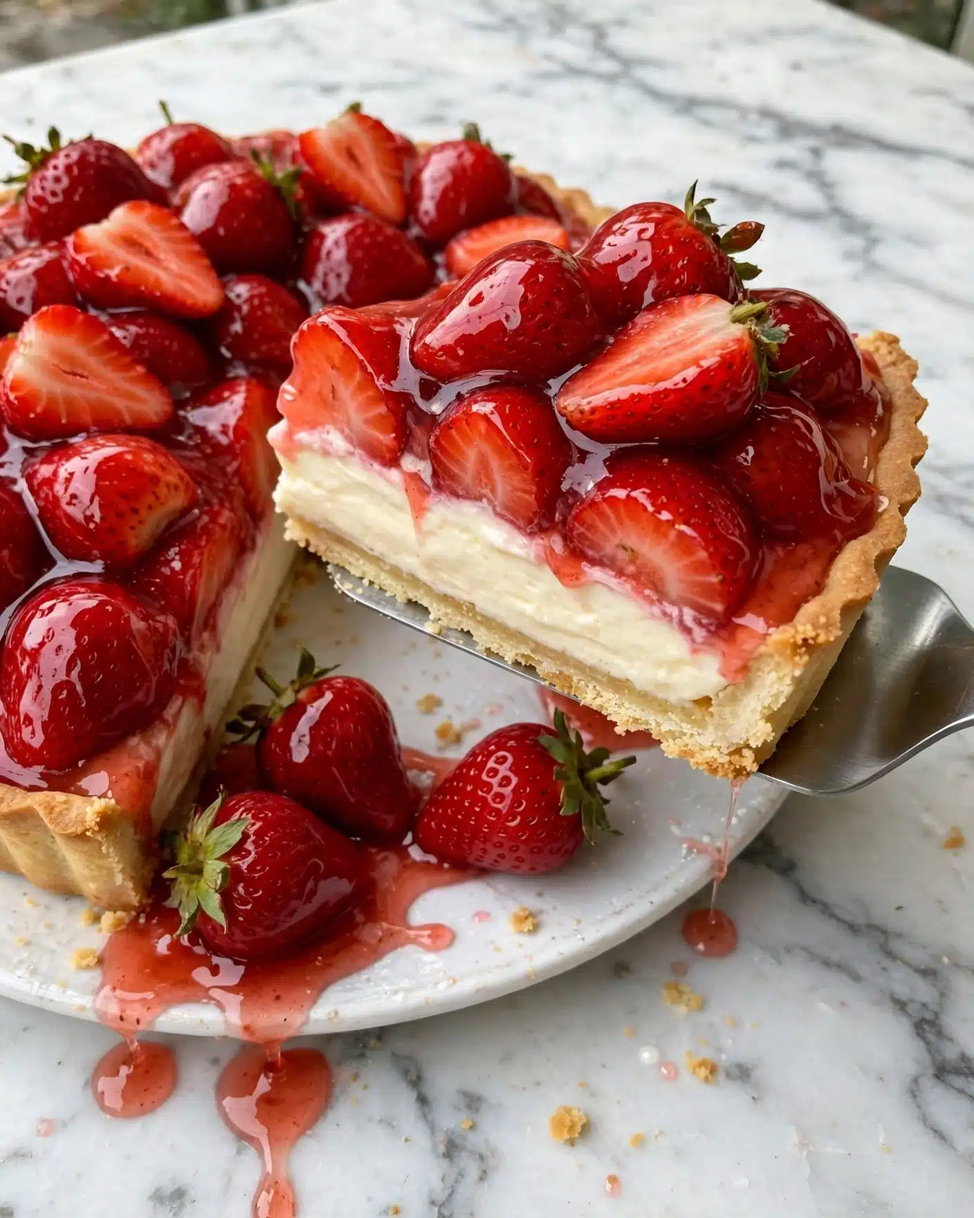 The image shows a strawberry tart with three visible layers: a light golden-brown crust at the bottom, a smooth creamy filling in the middle, and a top layer of bright red strawberries coated in shiny, slightly translucent strawberry glaze. The strawberries are whole or halved, giving a natural uneven texture with small seeds visible. The tart slices sit on a white plate with a few whole strawberries and some glaze spilling onto the white marbled surface below. A metal spatula lifts one slice, enhancing the glossy and fresh look. Photo taken with an iphone --ar 4:5 --v 7