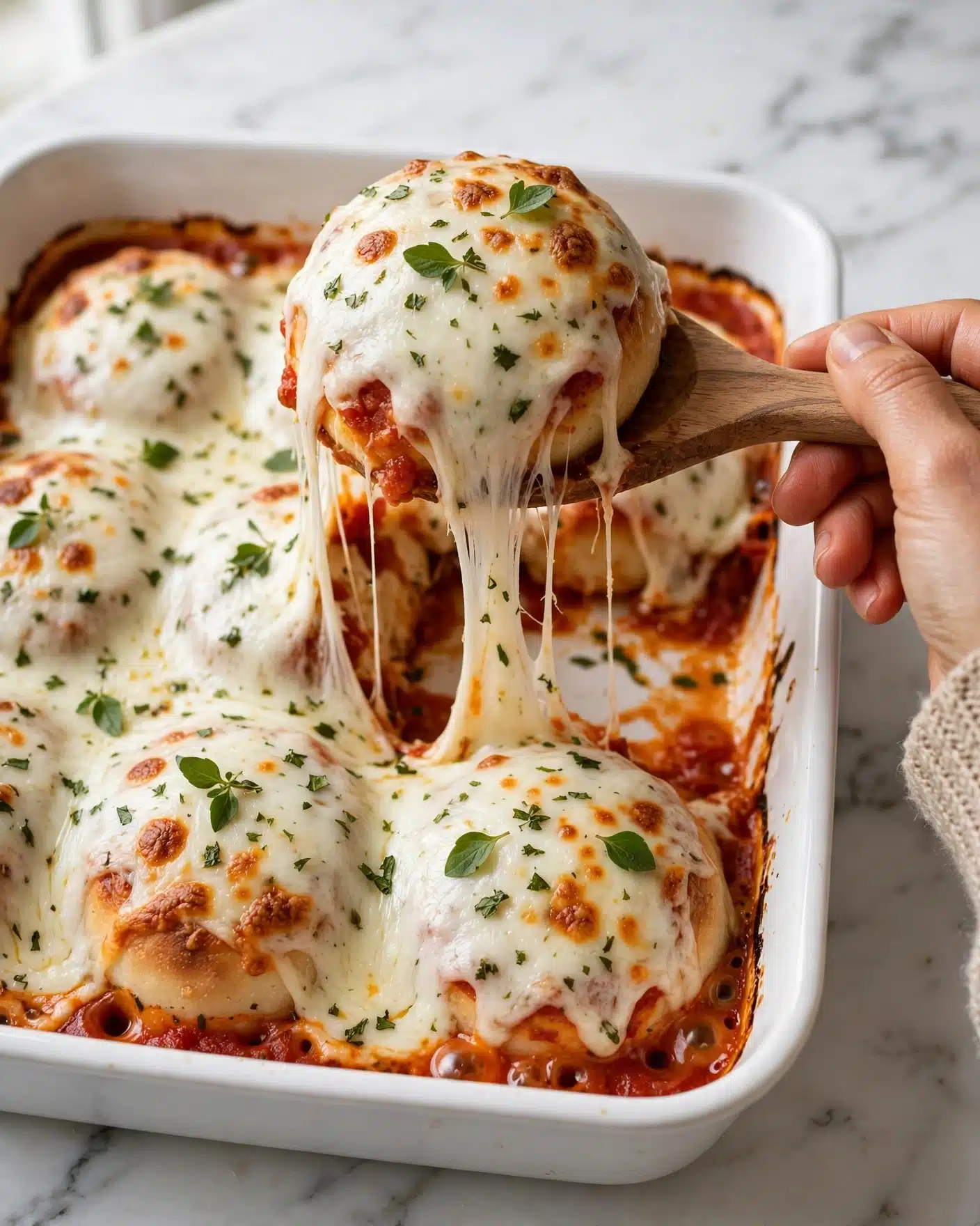 Baked Eggplant Parmesan Recipe 5 The image shows a piece of eggplant parmesan being lifted, with stringy and melted white cheese dripping down the sides. The dish has several layers: the top layer is a thick white melted cheese with small chopped green basil leaves sprinkled on it, below that is a red tomato sauce, then a thick layer of dark purple eggplant slices, and a crumbly golden layer likely made of breadcrumbs or cheese. The background is a white marbled surface, with soft natural light highlighting the juicy tomato sauce and the stretchy cheese. photo taken with an iphone --ar 4:5 --v 7