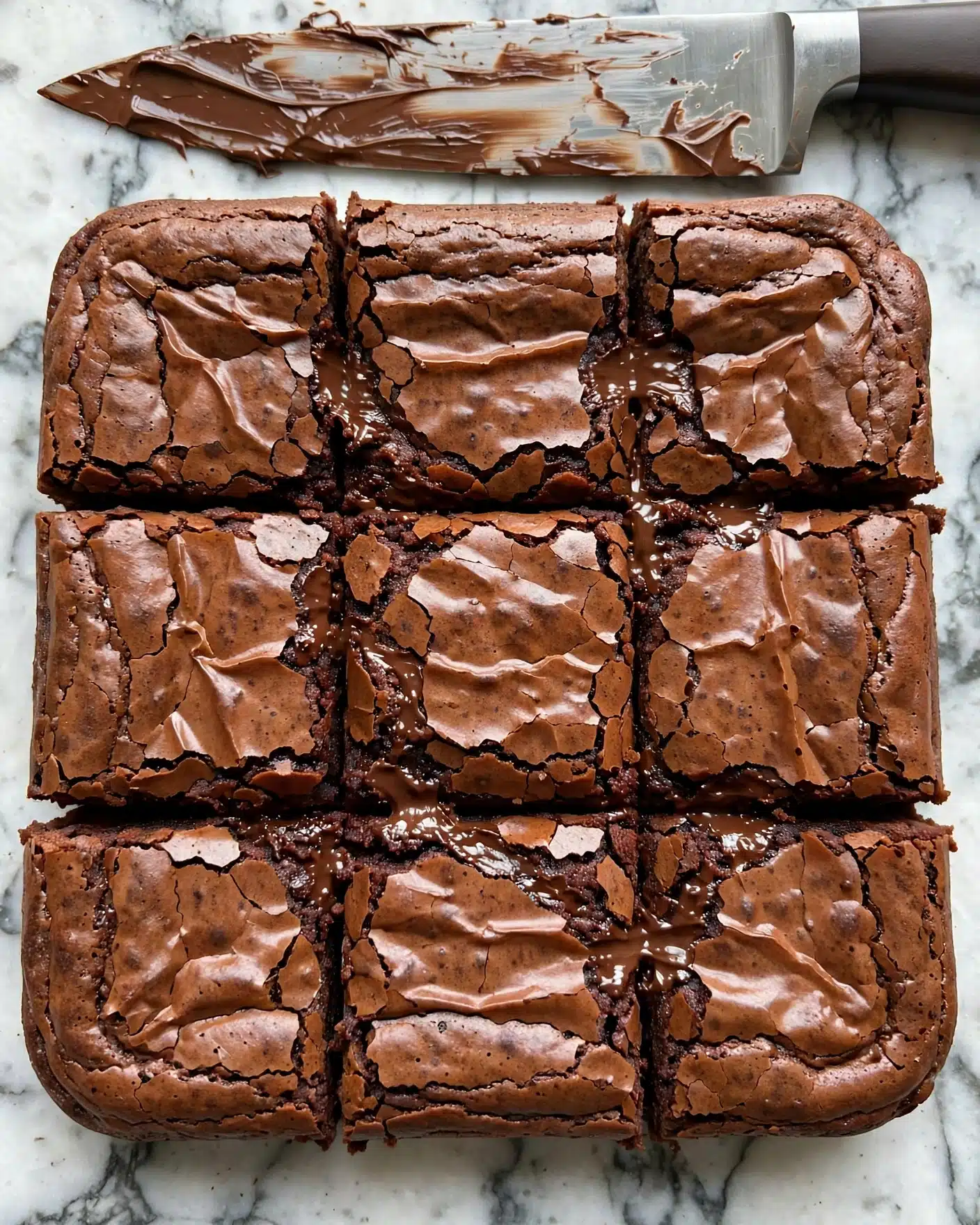 A close-up view of a batch of nine brownies arranged in a 3x3 grid. The brownies have a rich dark brown color with a shiny, cracked top layer that looks slightly crisp. The inside looks moist and dense, with a gooey texture visible in the cracks between the pieces. The brownies sit on a white marbled surface, with a large knife placed above them, smeared with chocolate. The edges of the brownies are slightly raised and the corners are soft. photo taken with an iphone --ar 4:5 --v 7