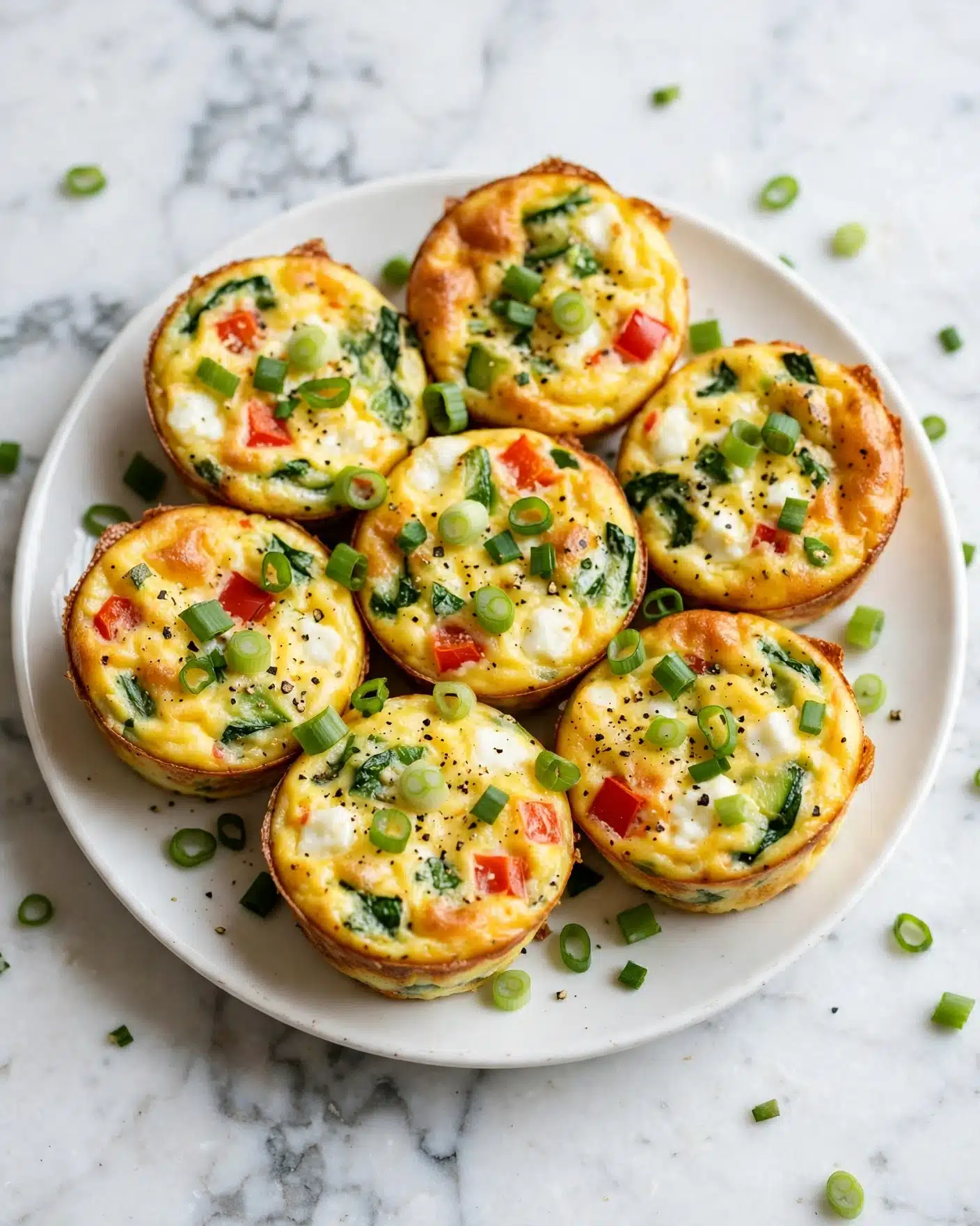 Seven small egg muffins sit closely together on a white plate with a few thin slices of green onion sprinkled on top and around them. Each muffin shows a yellow, fluffy egg base mixed with soft white cheese bits, small green vegetable pieces, and tiny red bell pepper chunks. The muffins have a lightly golden brown edge, and fresh green onion pieces add a nice pop of color. Black pepper specks are visible on the surface, adding contrast to the smooth, moist texture of the eggs. The white plate rests on a white marbled surface. photo taken with an iphone --ar 4:5 --v 7