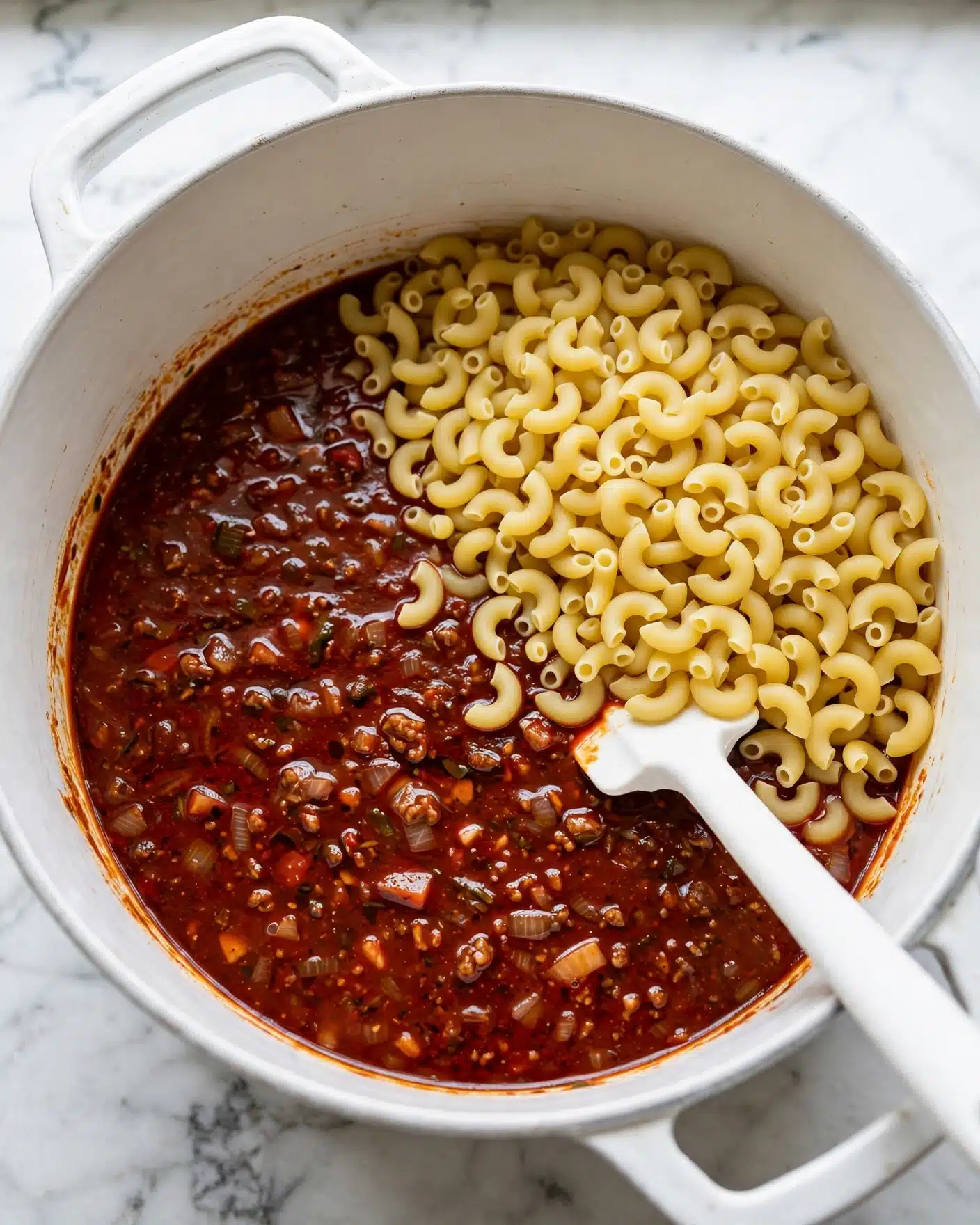 The image shows a large white pot filled with two layers of food. The bottom layer is a thick, dark red sauce with visible small bits and a slightly oily surface, filling about half of the pot. On top of this sauce, in one half of the pot, is a thick layer of uncooked pale yellow elbow macaroni pasta. A white spatula is partially inserted at the edge where the pasta meets the sauce. The pot sits on a white marbled surface. photo taken with an iphone --ar 4:5 --v 7