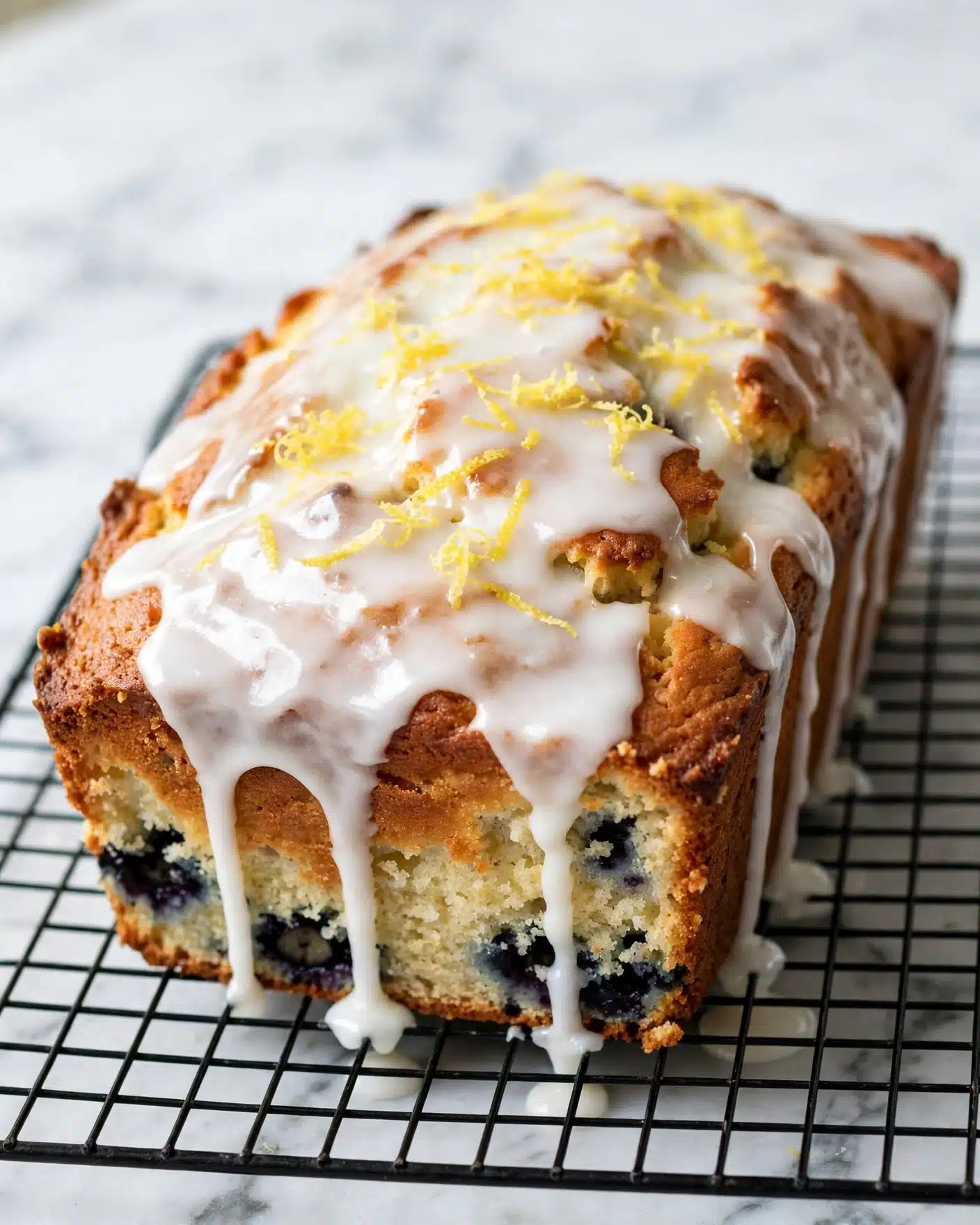 The image shows a loaf of bread with three visible layers: the base layer is a golden brown crust, the middle layer is a soft, light yellow bread dotted with dark blueberries, and the top layer is a white glaze dripping down the sides, topped with thin strands of bright yellow lemon zest spread unevenly across the surface. The loaf rests on a black wire cooling rack set against a white marbled background. The texture of the glaze appears smooth and slightly shiny, contrasting with the rough, baked texture of the bread underneath. Photo taken with an iphone --ar 4:5 --v 7